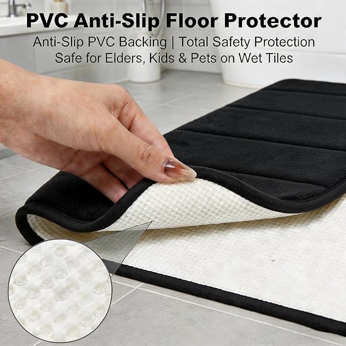 Bathroom Rugs Set Memory Foam Bath Rugs Non-Slip Bath Mat Set 3 Piece,Washable Bathroom Mats,Absorbent Shaggy Rugs Super Soft U-Shaped Toilet Rug,Bahroom Carpets for Bathroom,Tub,Shower（Black）