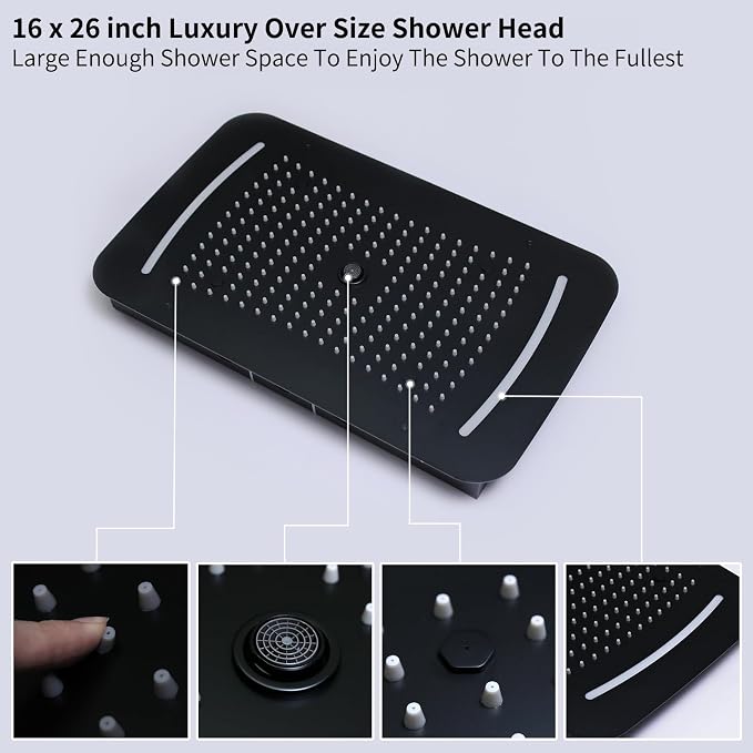 3 Functions Shower Head System Matte Black Shower Faucet Set | 16X26 inch Ceiling Shower, 6 Body Jet, Handheld Shower, Temperature Display, 5 Functions Can All Run Together