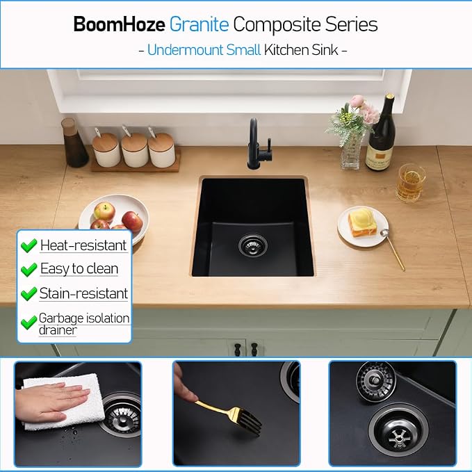 Black Undermount Bar Sink, 13 x 13 Inch | Granite Composite Quartz Small Kitchen Sink Wet Bar Single Bowl Deep Basin with Countertop Squeegee Brush Combo