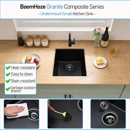 Black Undermount Bar Sink, 13 x 13 Inch | Granite Composite Quartz Small Kitchen Sink Wet Bar Single Bowl Deep Basin with Countertop Squeegee Brush Combo