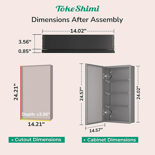TokeShimi 14x24 Bathroom Mirror with Storage Tempered, Aluminum Black Recessed Medicine Cabinet with Mirror Frameless Stepless Adjustable Shelf, Surface Mount Medicine Cabinet for Bathroom