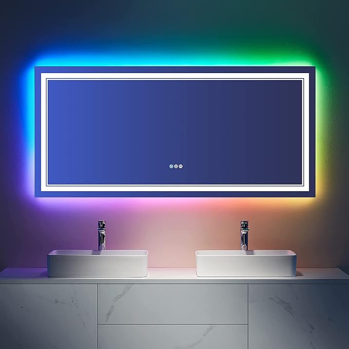 60x28 Inch RGB LED Bathroom Mirror with Lights | Front and RGB Backlit, Dimmable, Memory, Anti Fog, Shatterproof, Horizontal/Vertical, Lighted Mirrors for Bathroom Wall