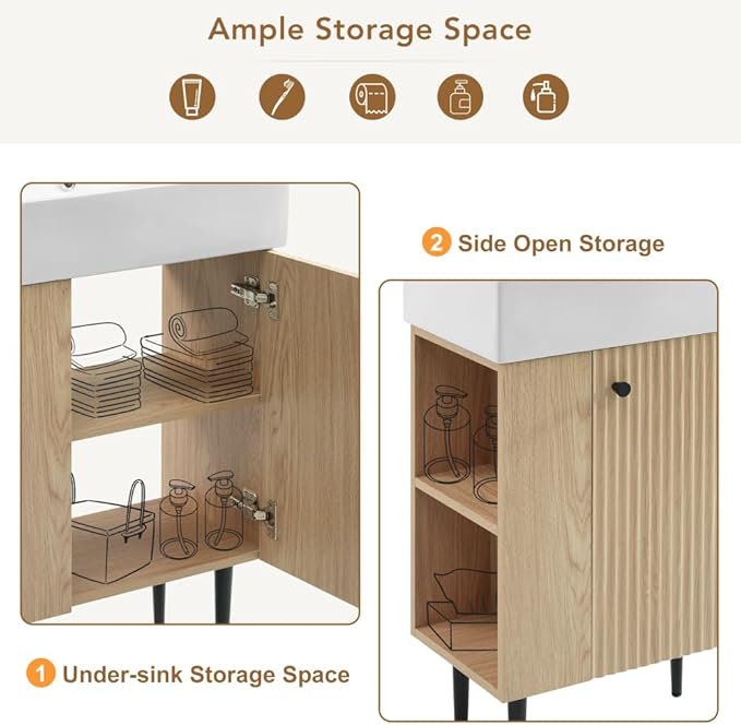 22" Small Bathroom Vanity with Sink, Morden Bathroom Vanities with Soft-Close Door and Open Shelf, Freestanding Narrow Vanity for Compact Space-Saving Bathrooms (Wood,22" Freestanding Left Shelf)