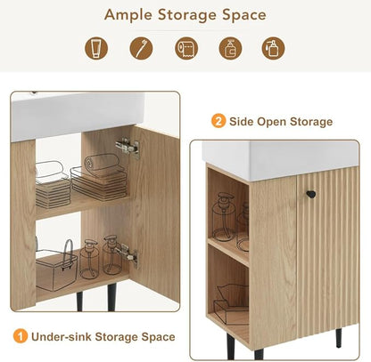 22" Small Bathroom Vanity with Sink, Morden Bathroom Vanities with Soft-Close Door and Open Shelf, Freestanding Narrow Vanity for Compact Space-Saving Bathrooms (Wood,22" Freestanding Left Shelf)