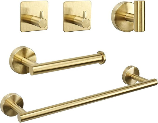 TocTen Bathroom Hardware Set, Thick Stainless Steel Bath Towel Bar Set Including Towel Rack for Bathroom+Toilet Paper Holder+3 Robe Towel Hooks Wall Mount Bathroom Accessory Set(16IN,Brushed Gold)