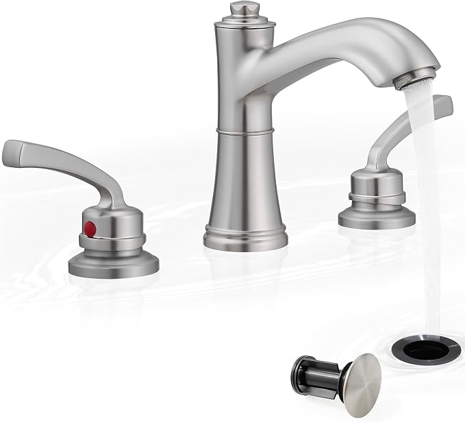 Solid Brass Brushed Nickel Bathroom Faucet 3 Hole, 2 Handle | 8 Inch Widespread, 10 Mins Install, NSF/ANSI/CAN 372, cUPC, DOE, Pre-Installed Water Hose, with Pop up Drain, for Vanity