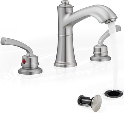 Solid Brass Brushed Nickel Bathroom Faucet 3 Hole, 2 Handle | 8 Inch Widespread, 10 Mins Install, NSF/ANSI/CAN 372, cUPC, DOE, Pre-Installed Water Hose, with Pop up Drain, for Vanity