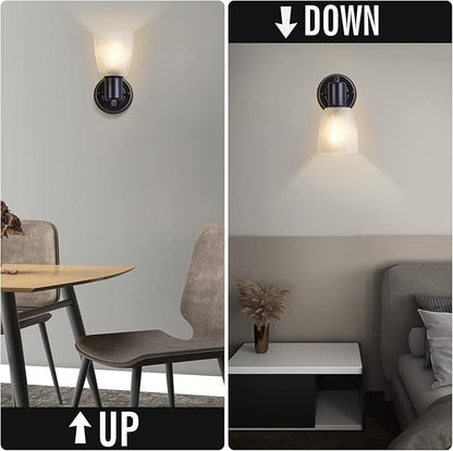 Wall Sconces Set of 2, Matte Black Vanity Lights for Bathroom, Modern Wall Light Fixtures with Rotary Switch, Wall Mount Light with Frosted Glass, Farmhouse Lamp for Bedroom Mirror Living Room
