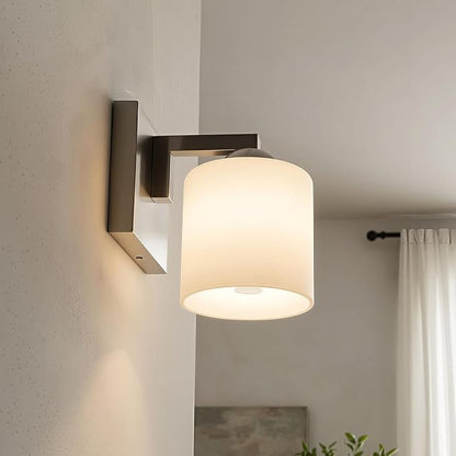 mirrea 1-Light Brushed Nickel Bathroom Vanity Light with White Glass Shade | Over Mirror,Wall Sconce,ETL listed,Bathroom Lighting Fixtures,Elegant Design,Milk White Glass Shade,Easy Installation