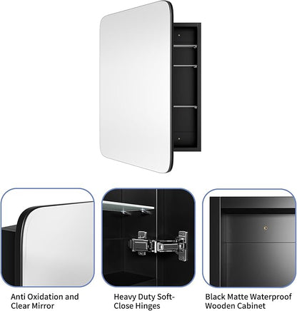 Bathroom Wood Black Cabinet with 20''x30'' Curved Mirror, Recessed Medicine Cabinet, Bathroom Storage Cabinet