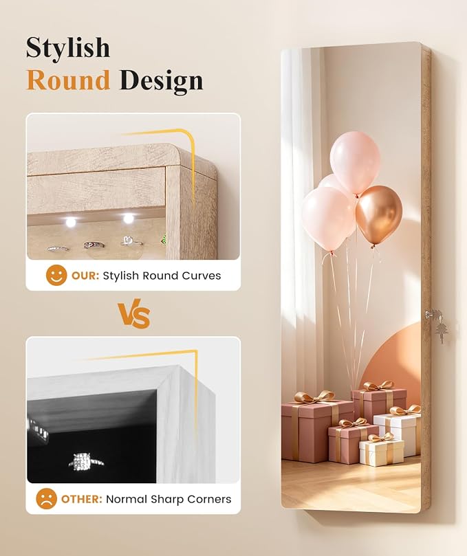 LVSOMT Over the Door Jewelry Organizer with Mirror Door Mirror with Storage | Jewelry Mirror Cabinet with Large Capacity, 6 LED Lights,Velvet Lining, Space-Saving for Bedroom, Cloakroom, Gift Women Girls