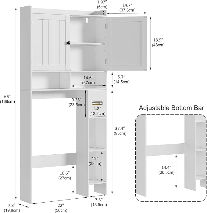 RRX Over The Toilet Storage Cabinet, Bathroom Above Organizer (Milky White) | Free Standing Toilet Rack with Adjustable Shelf and Open Storage, Double Doors, Space Saver, 30.7" L x 7.87 "W x 65.7 "H