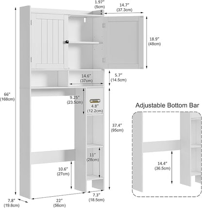 RRX Over The Toilet Storage Cabinet, Bathroom Above Organizer (Milky White) | Free Standing Toilet Rack with Adjustable Shelf and Open Storage, Double Doors, Space Saver, 30.7" L x 7.87 "W x 65.7 "H