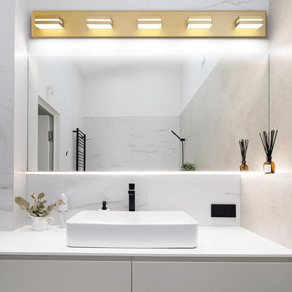 SineRise LED Modern Bathroom Vanity Light Fixtures, Modern Acrylic Bathroom Wall Lighting Fixtures Over Mirror, 5-Light, 40-Inch, Gold, 100%-0% White