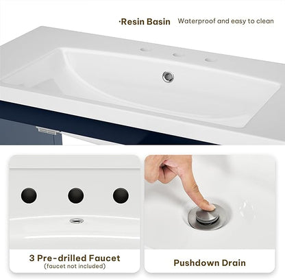 DWVO 36 Inch Bathroom Vanity with Sink Combo, Modern Bathroom Storage Cabinet with Resin Basin, Three Holes, 2 Doors & 3 Drawers, Navy Blue