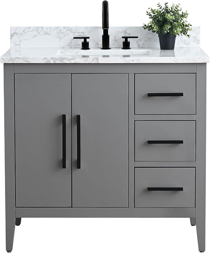 Vanity Art 36 inch Bathroom Vanity with Single Sink & Ceramic Top, Vanity Cabinet with Soft-Closing Doors, Drawers, Solid Wood Frame, Cashmere Gray, VA9036-G-MB1