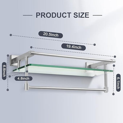 Glass Bathroom Shelf with Towel Bar, Stainless Steel Tempered Towel bar/Track Glass Bathroom Shelves Wall Mount Over The Toilet (Brushed Nickel, 20-inch)