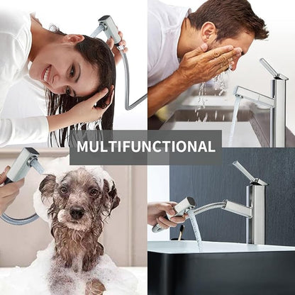 KAIYING Pull Down Vessel Sink Faucet, Single Handle Tall Bathroom Faucet with Pull Out Sprayer, Single Hole High Vanity Basin Mixer Tap, Lavatory Utility Sink Faucets (Tall, Brushed Nickel)