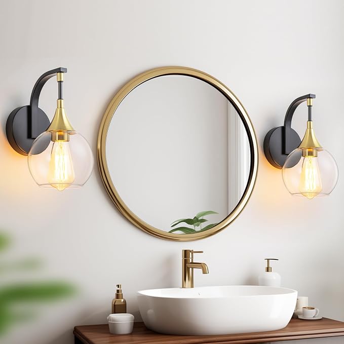 Black and Gold Wall Sconces Set of Two, Modern Wall Sconce Light | with Clear Glass Shade, Globe Wall Mounted Light Fixture for Bathroom, Living Room, Hallway, Bedroom, Bathroom