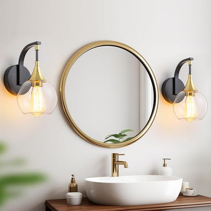 Black and Gold Wall Sconces Set of Two, Modern Wall Sconce Light | with Clear Glass Shade, Globe Wall Mounted Light Fixture for Bathroom, Living Room, Hallway, Bedroom, Bathroom