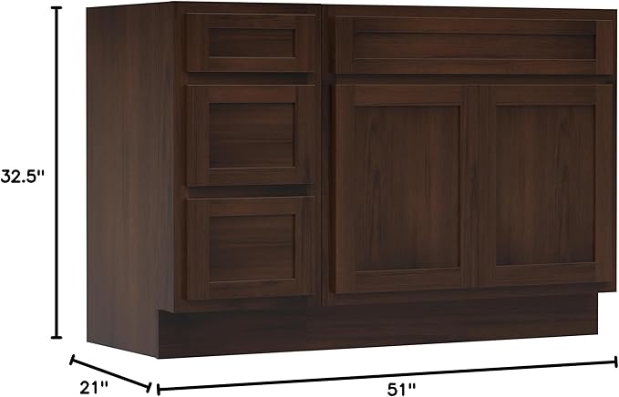 Vanity Art 51 inch Bathroom Vanity with Double Shutter Door, Wood Bathroom Vanity Cabinet with Soft Closing Shaker Drawer, Sturdy Floor Mounted Storage Cabinet Organizer for Bathroom, VA4051-3-B