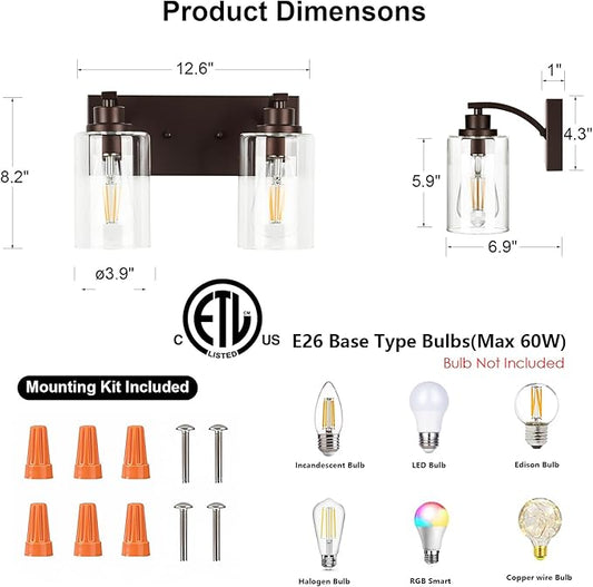 2-Light Bathroom Light Fixtures Modern ORB Vanity Lights for Bathroom Lighting Fixtures Over Mirror with Clear Glass Shade for Cabinet Mirror Bedroom Hallway