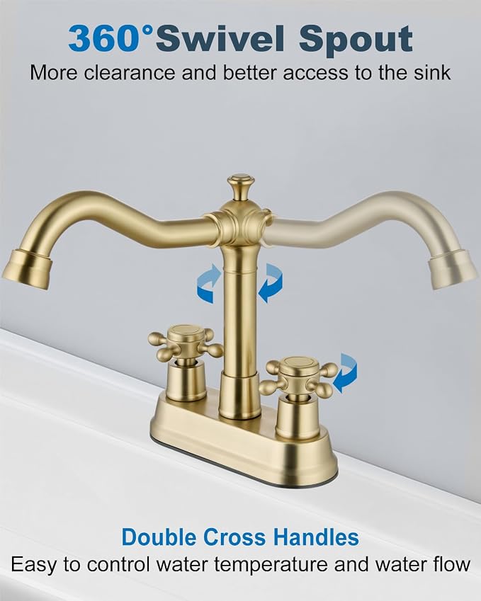 4 Inch Centerset Bathroom Sink Faucet 2 Handle Brushed Gold | Swivel Spout,Pop Up Drain,cUPC Hose,for 2 or 3 Hole Sink,Lavatory,Vintage,Farmhouse,RV,SUS304 Mixer Tap,Metal Cross Handle