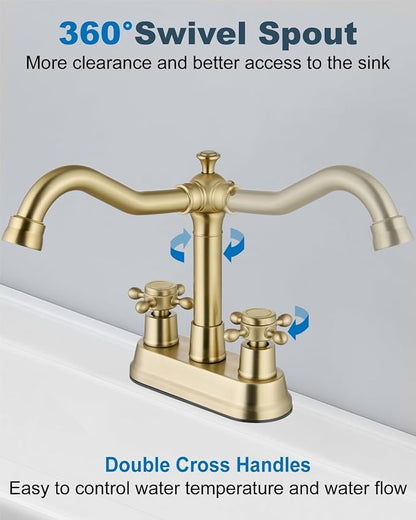 4 Inch Centerset Bathroom Sink Faucet 2 Handle Brushed Gold | Swivel Spout,Pop Up Drain,cUPC Hose,for 2 or 3 Hole Sink,Lavatory,Vintage,Farmhouse,RV,SUS304 Mixer Tap,Metal Cross Handle