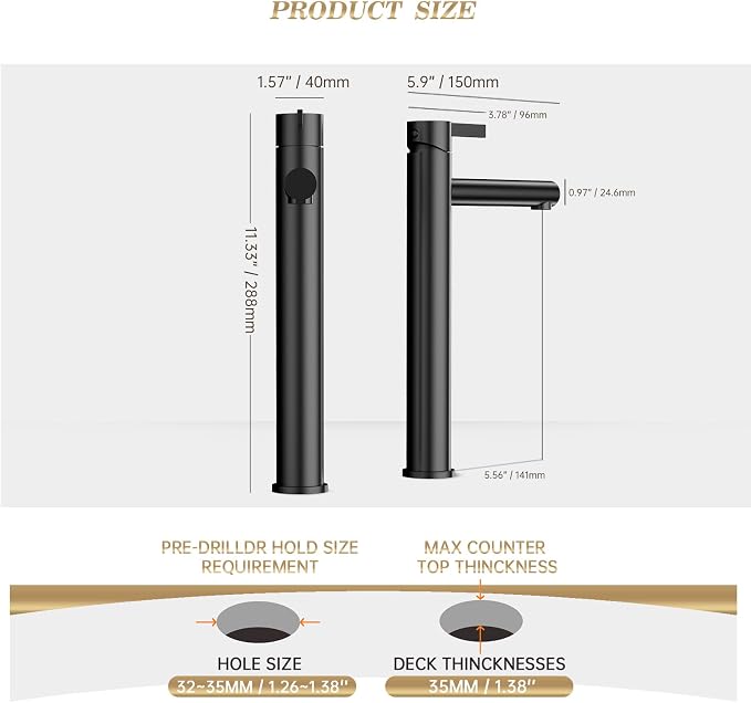 Matte Black 1 Hole Tall Bathroom Vessel Sink Faucet, Single Hole Single Handle Vanity Bathroom Faucet, with Pop Up Drain and Water Supply Line, FH01-MB-V