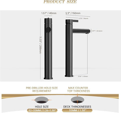 Matte Black 1 Hole Tall Bathroom Vessel Sink Faucet, Single Hole Single Handle Vanity Bathroom Faucet, with Pop Up Drain and Water Supply Line, FH01-MB-V
