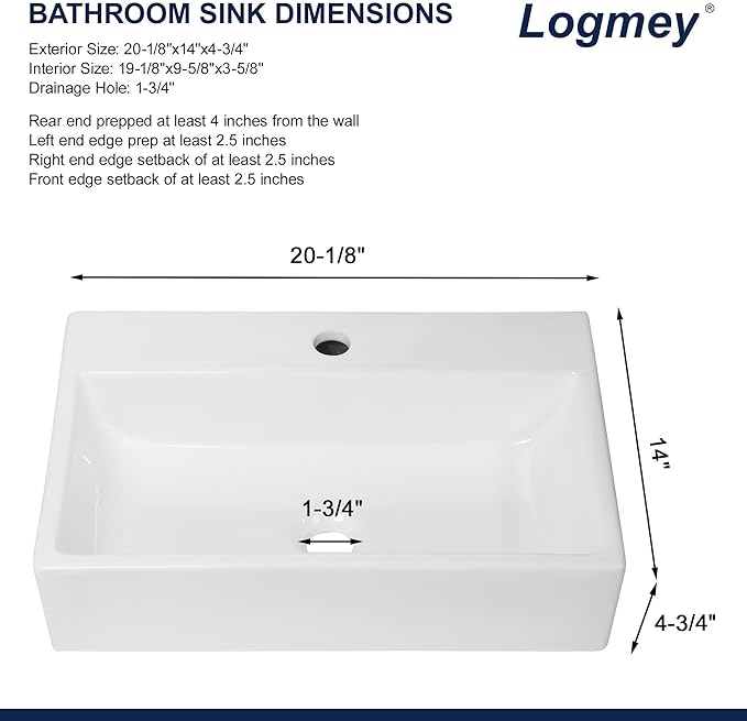 Logmey 20 Inch Wall Mount Bathroom Vessel Sink ADA Rectangle 20"x14" Floating Bathroom Vessel Sink White Porcelain Ceramic Vessel Vanity Sinks Rectangle Art Basin