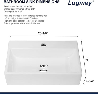 Logmey 20 Inch Wall Mount Bathroom Vessel Sink ADA Rectangle 20"x14" Floating Bathroom Vessel Sink White Porcelain Ceramic Vessel Vanity Sinks Rectangle Art Basin