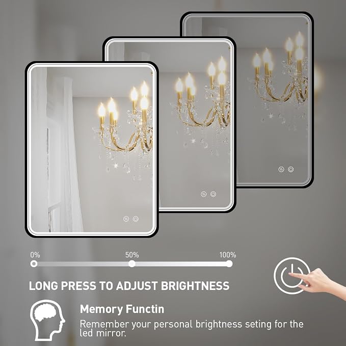 20x28 Inch LED Lighted Bathroom Mirror,Black Frame | ETL Listed,Anti-Fog,3000K/4500K/6000K Dimmable,Horizontal & Vertical,Wall Mounted,Memory Function,Ideal for Bathroom,Vanity