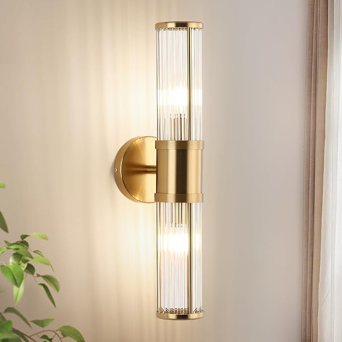 Modern Brushed Brass Vanity Light Fixture 1 Pack, Dual Glass Rods Wall Sconce for Bathroom, Double Light Socket E12 Candelabra Base, Mirror Vanity Lighting (Bulbs Not Included)