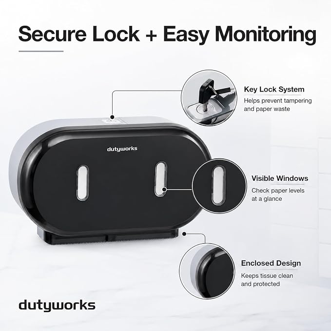 Commercial Jumbo Toilet Paper Dispenser Wall Mount | Holds 2 Rolls up to 9 in, Lockable, Visible Window, Sliding Divider, No-Drill Installation, Heavy Duty ABS