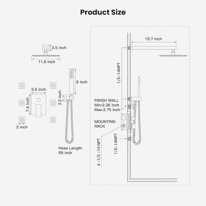 gotonovo Rainfall Shower System with Full Body Jets 6pcs Matte Black | 12’’ Rainfall Shower Head with Handheld Spray Combo,Wall Mount,Rough-in Valve and Trim Kit,Brass Body Message Jets,All Metal
