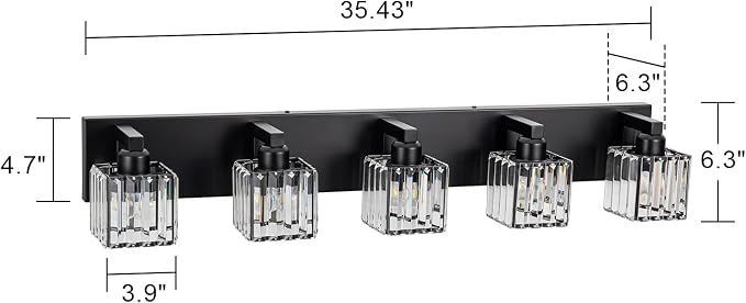 35.43" Black Crystal Bathroom Vanity Light 5-Lights Modern Bathroom Lighting Fixtures Over Mirror, Crystal Wall Light