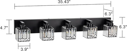 35.43" Black Crystal Bathroom Vanity Light 5-Lights Modern Bathroom Lighting Fixtures Over Mirror, Crystal Wall Light