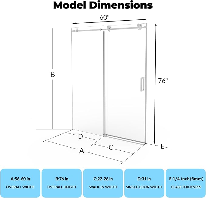 Frameless Sliding Shower Door, 56-60" Adjustable Width x 76" H, with Round Stainless Steel Rail & 55mm Rollers, 6mm Tempered Glass, Brushed Finish, for Bathroom Remodel