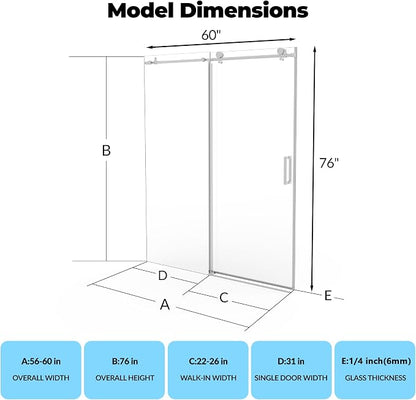 Frameless Sliding Shower Door, 56-60" Adjustable Width x 76" H, with Round Stainless Steel Rail & 55mm Rollers, 6mm Tempered Glass, Brushed Finish, for Bathroom Remodel
