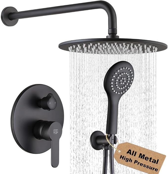 All Metal Black Shower Faucet Set, 10 Inch Round Shower Head and Handle Set, Bathroom Rainfall Shower System, Wall Mounted Shower Fixtures, Include Shower Valve and Trim Kit