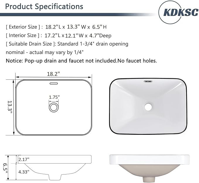 Bathroom Vessel Sink 18.2'' x 13.3'' Small Semi Recessed Bathroom Sink Rectangular Drop In Sink with Overflow White with Black Trim Ceramic Modern Vessel Sinks for Bathroom