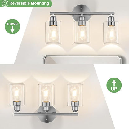 3-Light Bathroom Vanity Light Fixture, Modern Wall Lamp for Mirror with Clear Glass Shade, Silver Finish