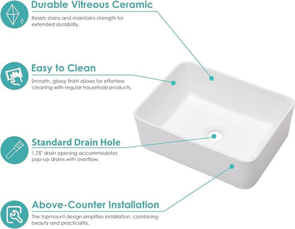 Vessel Sink Rectangular - 16"x12" Modern White Bathroom Sink Rectangle Above Counter Porcelain Ceramic Vessel Vanity Sink Art Basin