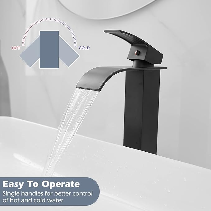 BWE Vessel Sink Faucet Modern Waterfall Matte Black Single Hole Bathroom Faucet Single Handle with Pop up Drain Without Overflow Assembly Vanity Basin Bath Sink Faucets Mixer Tap