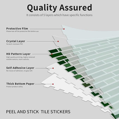 Alwayspon 10 Sheets 12" x12inch Emerald Green Marble Effect Vinyl Tiles, Backsplash, Self-Adhesive Peel and Stick Wall Tile Stickers, Stick on Subway Tiles for Kitchen Bathroom Wall Decor