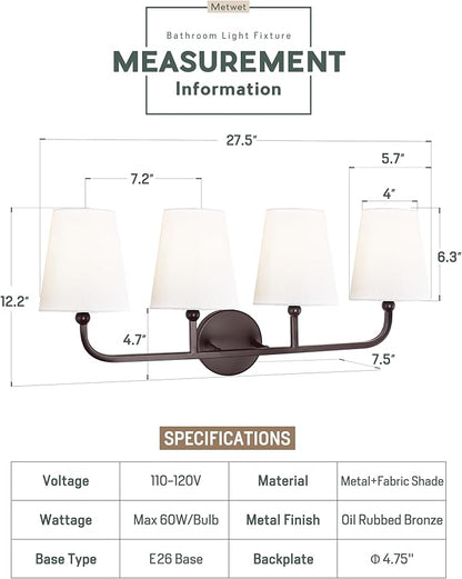 Bathroom Light Fixtures, 4 Light Oil Rubbed Bronze Vanity Lights with Flared White Fabric Shade, 28 Inch Wall Sconce, Vintage Sconces Wall Lighting for Hallway Bedroom, VL837-ORB-4