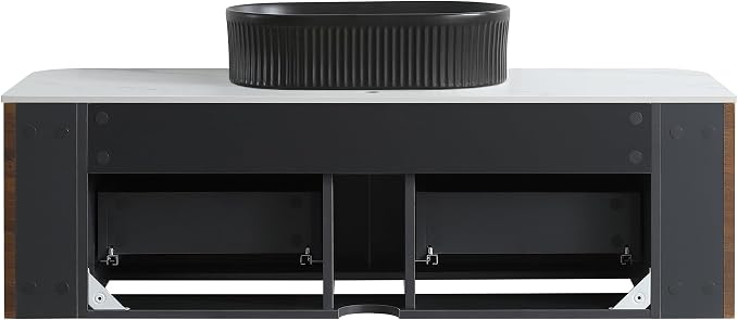 48" Floating Bathroom Vanity with Black Sink & Towel Rack, Walnut | Pre-Assembled Fluted Wall Mounted Vanity with Ceramic Vessel Sink, Rounded Edges, Soft-Close Drawer
