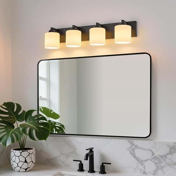 mirrea 4-Light Black Bathroom Vanity Light with White Glass Shades | makeup vanity illumination grooming station light over-sink wall lamp renovate remodel refresh decorate