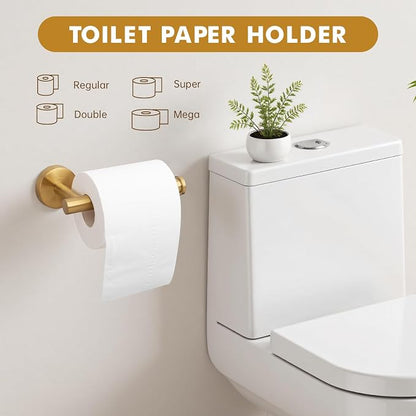 Gorlary Gold Bathroom Accessories, Bathroom Hardware Set Wall Mounted | 24” Towel Bar, Towel Ring Holder, Toilet Paper Holder and 3 Towel Hooks